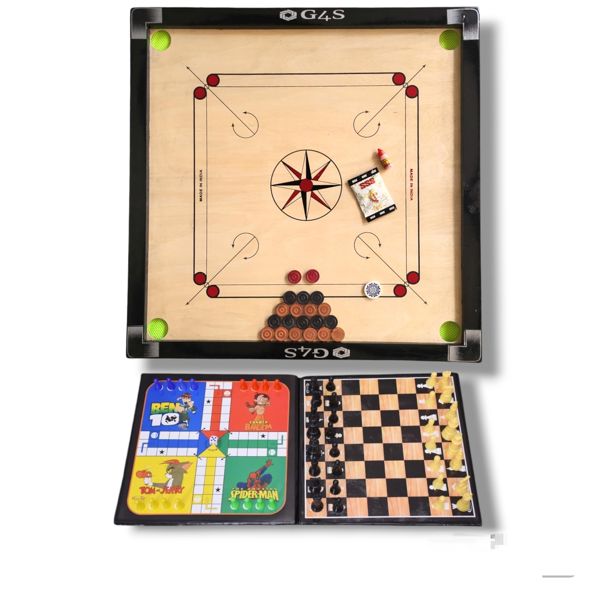 G4S Carrom Board 32 inch Full Size for Adults Premium Glossy Finish with Carrom Board Coins, Carrom Board Striker and boric Powder with Chess Board Ludo Board Game Lets Play! (B0D3Y56SSD) Amazon Price History, Amazon Price Tracker
