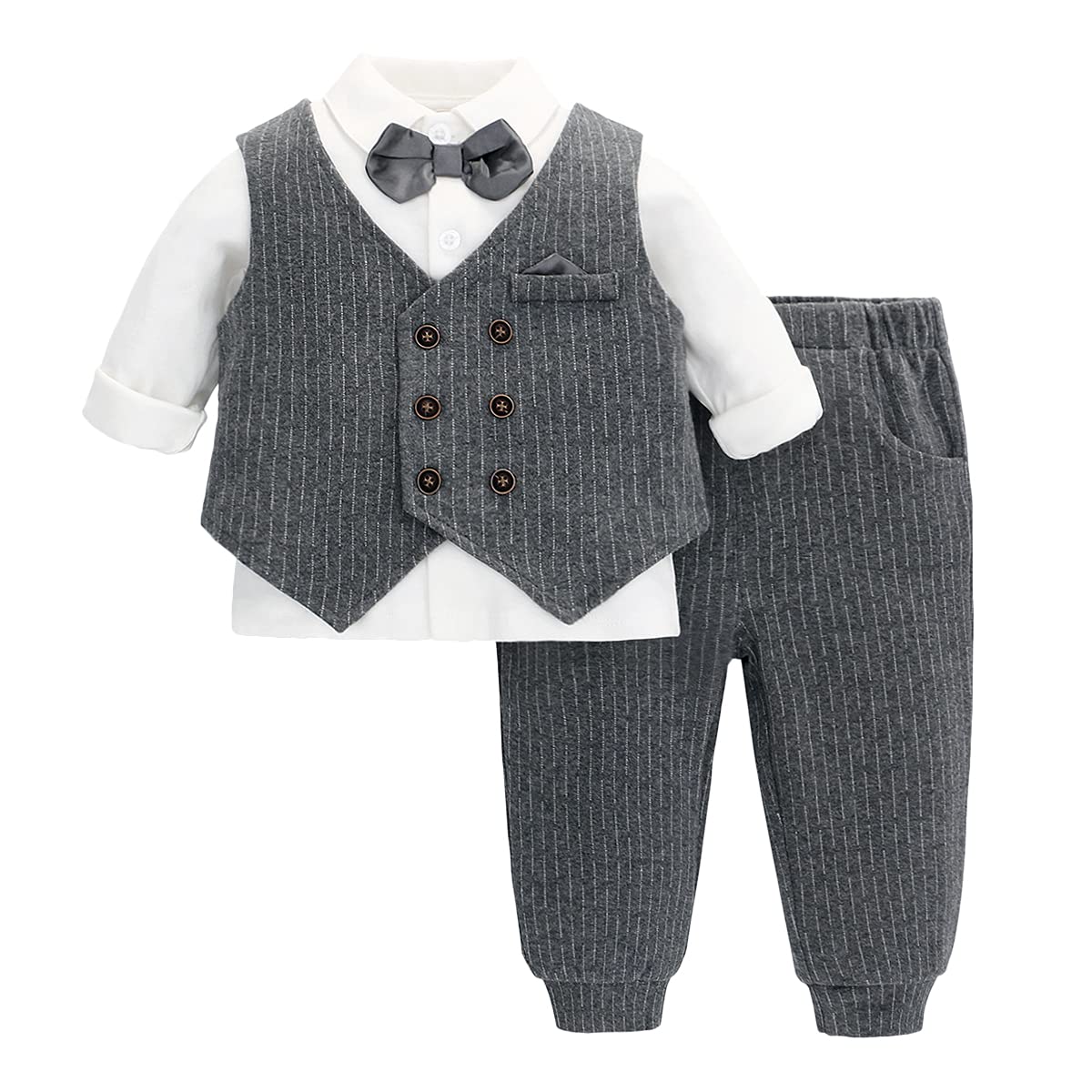 famuka Little Boy Suit Toddler Outfit Baby Gentleman Tuxedo Three-Piece Formal Shirt Set 1-5 Years (Stripes, 12-18 Months)