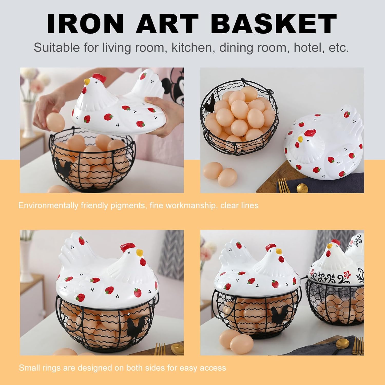 DOITOOL Iron Art Egg Storage Basket with Lid, Wire Fruit Organizer Basket for Kitchen Counter, Decorative Household Storage Container for Eggs and Sundries