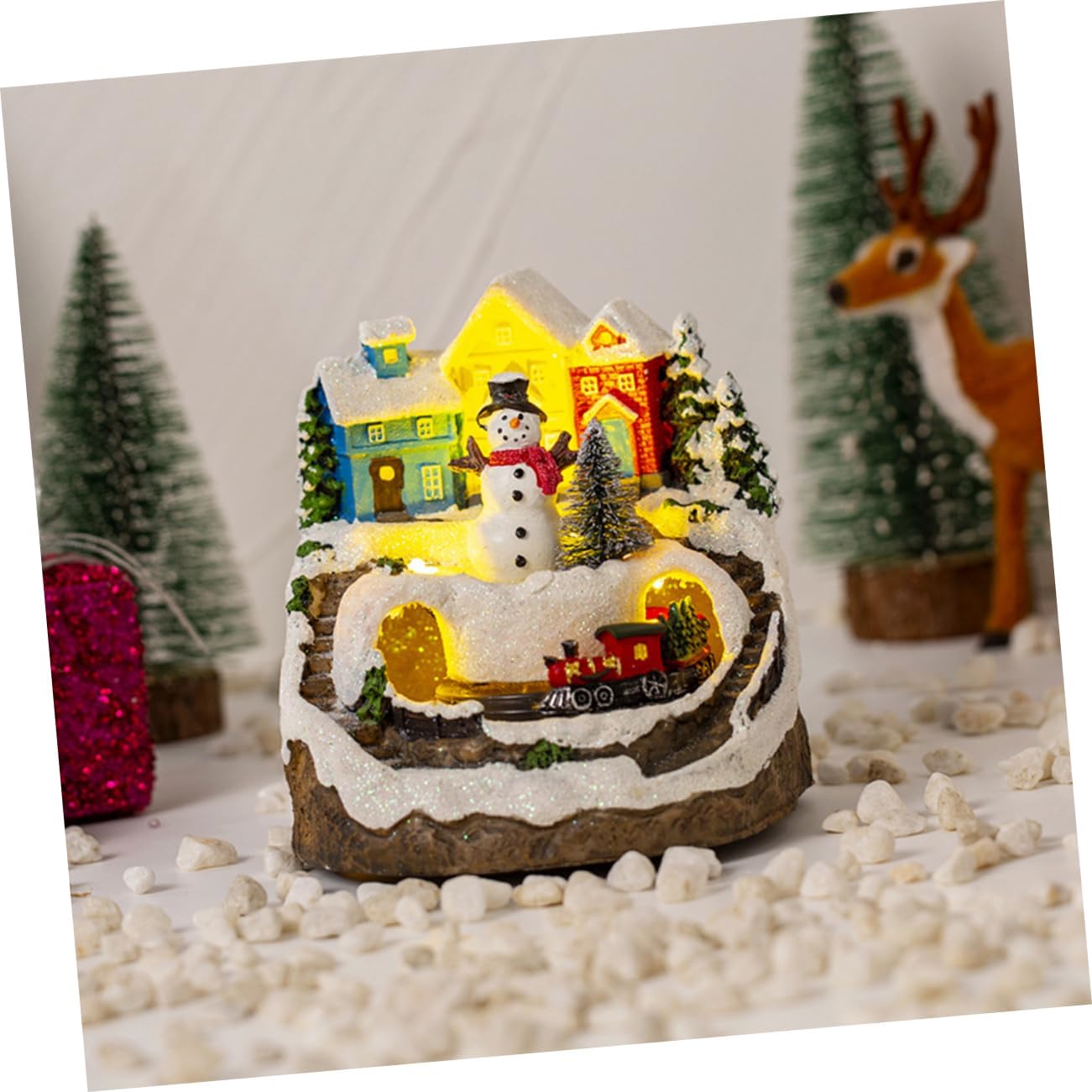 GLEAVI 1pc Christmas Lighted House Music and Train Resin Snow Village Decoration for Holiday Tabletop Display for Spreading Christmas Spirit and Festive Cheer