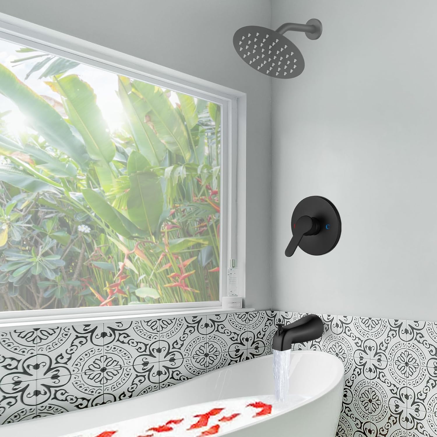 Airuida Round Shower Valve Trim Kit with Pull-up Switching Tub Spout Wall-Mounted Single Handle Bathtub Faucet with Male Thread Solid Brass Tub Shower Rough-in Mixer Valve Matte Black