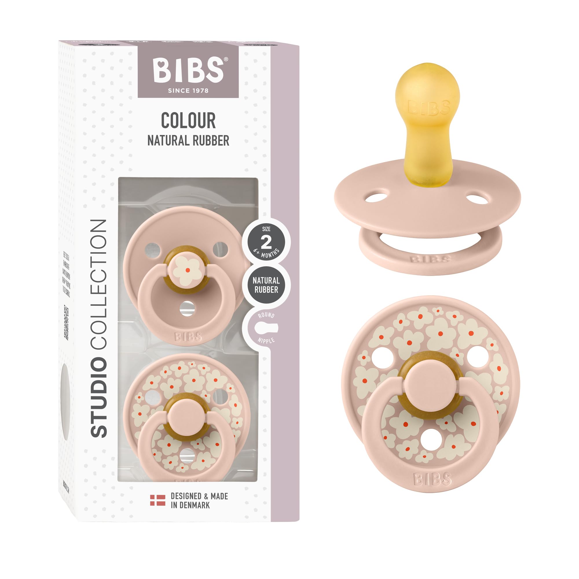BIBS Colour Studio Soother 2-Pack, BPA Free Dummy Pacifier, Round Nipple. Natural Rubber Latex, Made in Denmark, Size 2 (6-18 Months), Violet Sky/Petal — view 52