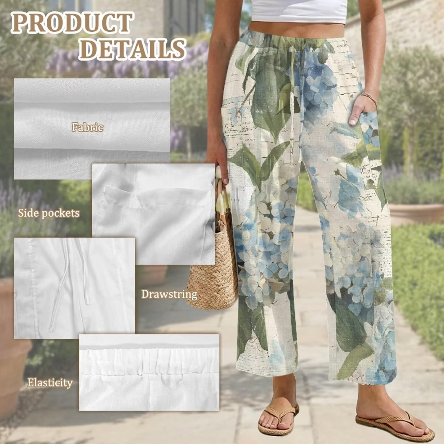 Women's Linen Pants High Waist Casual Lounge Palazzo Pant Wide Leg Drawstring Summer Beach Trousers with Pockets