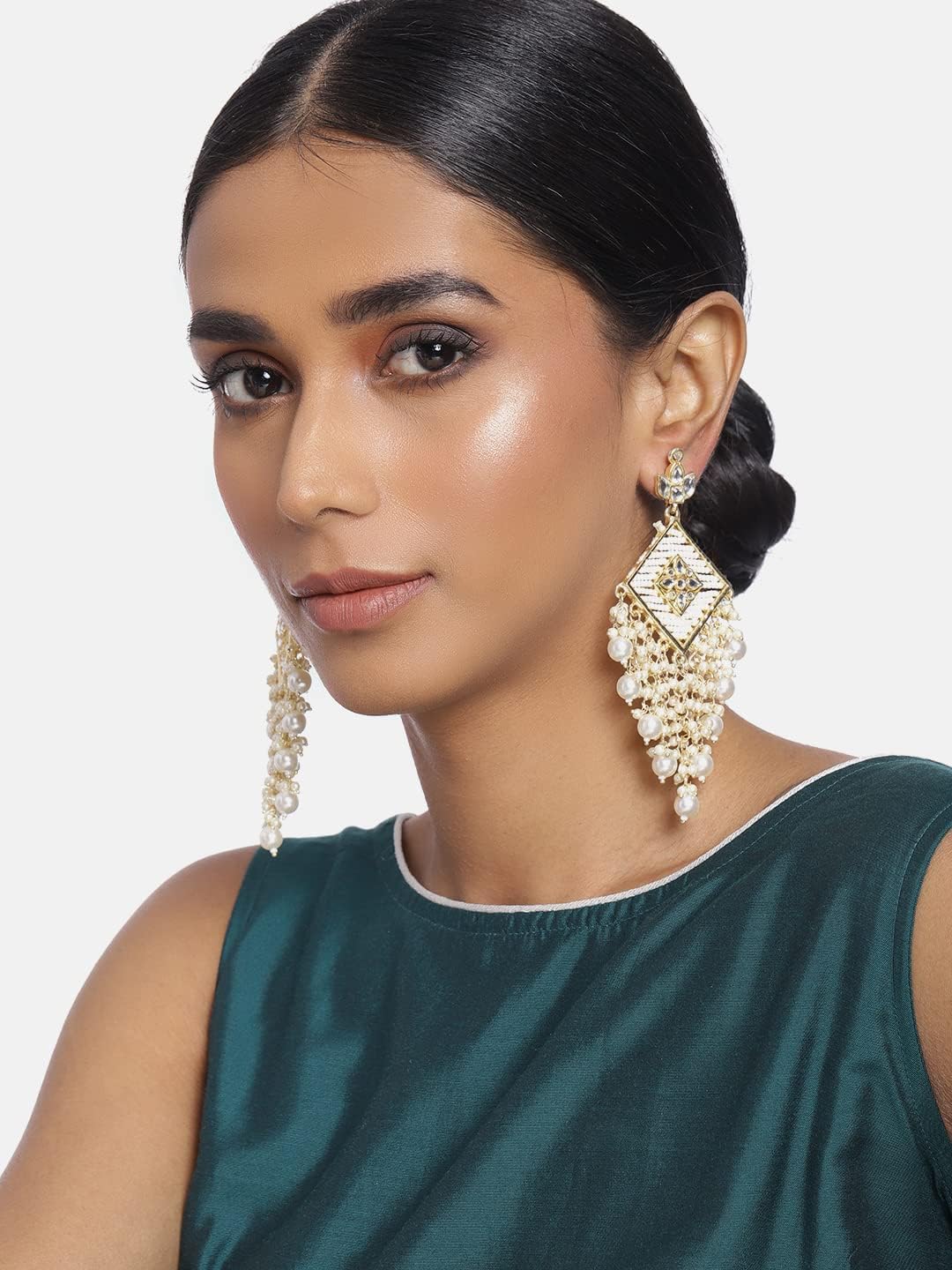 I Jewels 18k Gold Plated Traditional Kundan Studded Pearl Drop Earrings For Women (E2943W)