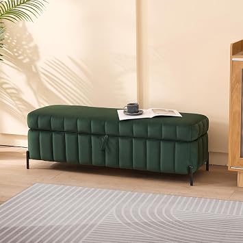 49.21" Storage Ottoman Bench for Bedroom End of Bed, Velvet Upholstered Tufted Bench Foot Rest for Living Room, Holds up to 275 lb, Ottoman with Storage for Hallway, Green