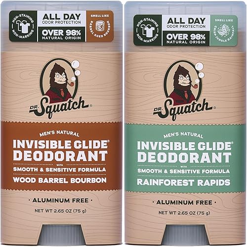 Dr. Squatch Invisible Glide Natural Men’s Deodorant – Smooth Glide, No Stains – Aluminum Free Deodorant Men – Safe for Sensitive Skin – Wood Barrel Bourbon + Rainforest Rapids, 2.65oz (2-Pack)
