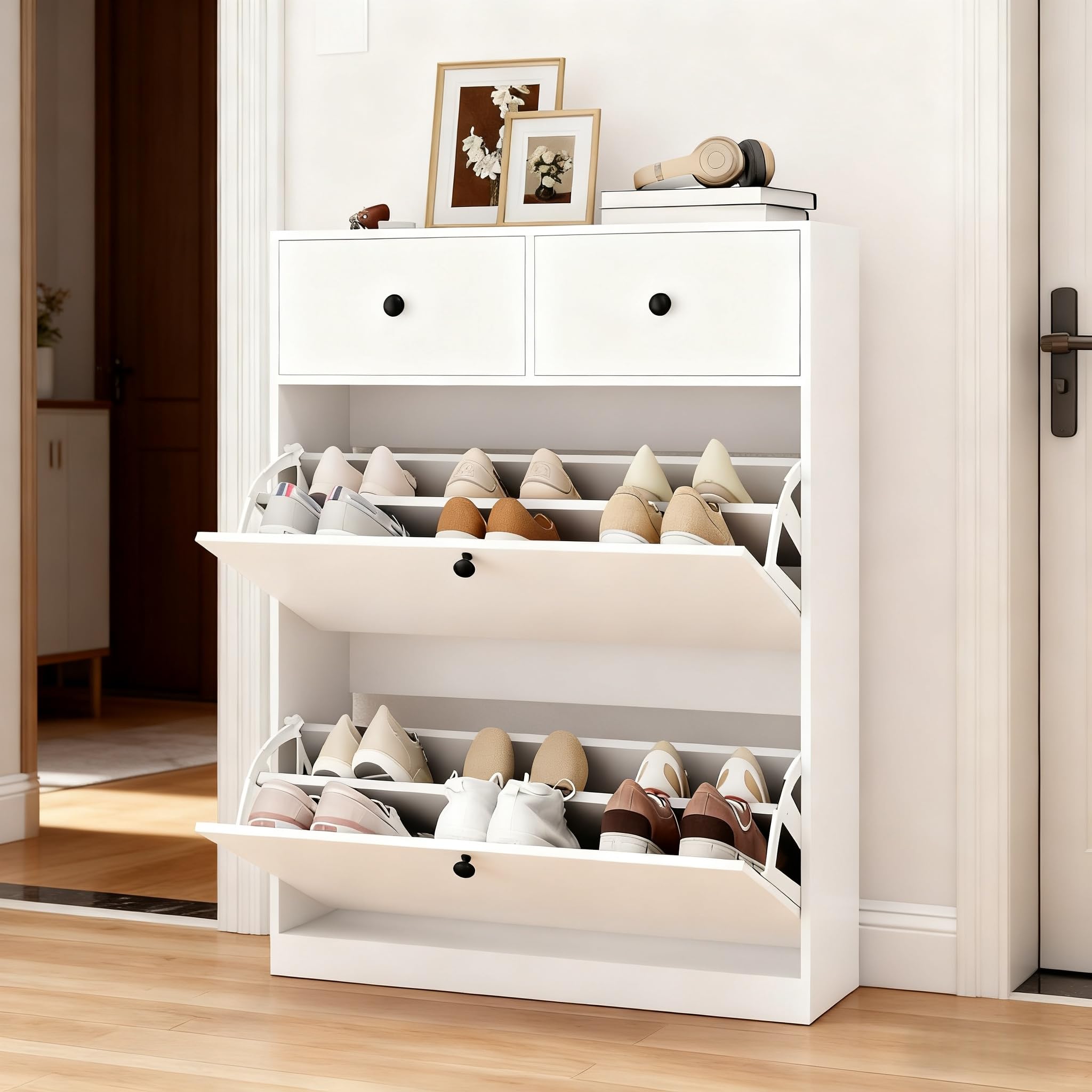 YOURLITE Schuhschrank Schmal,Schuhkipper mit 2 Klappen & 2 Schubladen,Schuhkipper Weiß,Platzsparender Schuhregal, 24cm Tiefer,Verstellbarer Trennwand Kippschutz,Modernes für Flur,Eingangsbereich