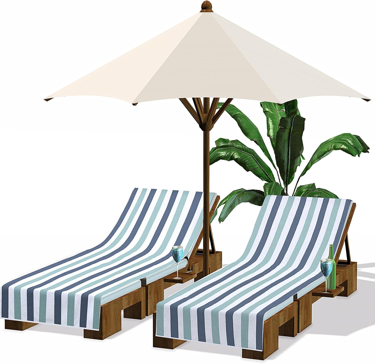 Fumete 2 Pack Lounge Chair Covers 30 x 85 Inch Pool Chaise Lounge Towels Microfiber Beach Chair Towel Portable Striped Outdoor Patio Furniture Cover for Sunbathing Picnic Spa(Blue and Green)