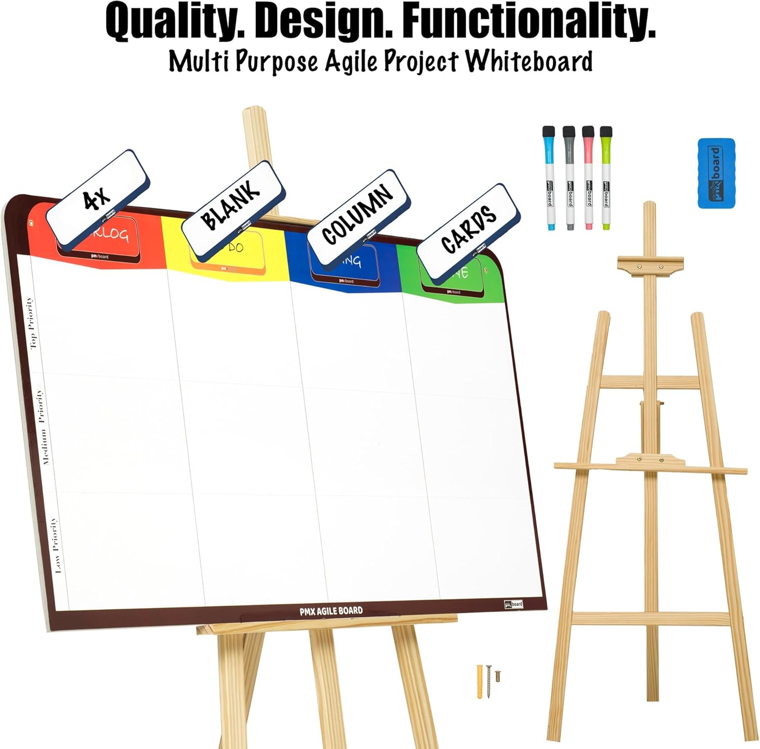 PMXBOARD Magnetic Kanban & Scrum Board – Lightweight Agile Whiteboard with Customizable Headlines | Project Planning Board for Home, Office & School | Includes Easel, Markers, Eraser & Wall Mount Kit