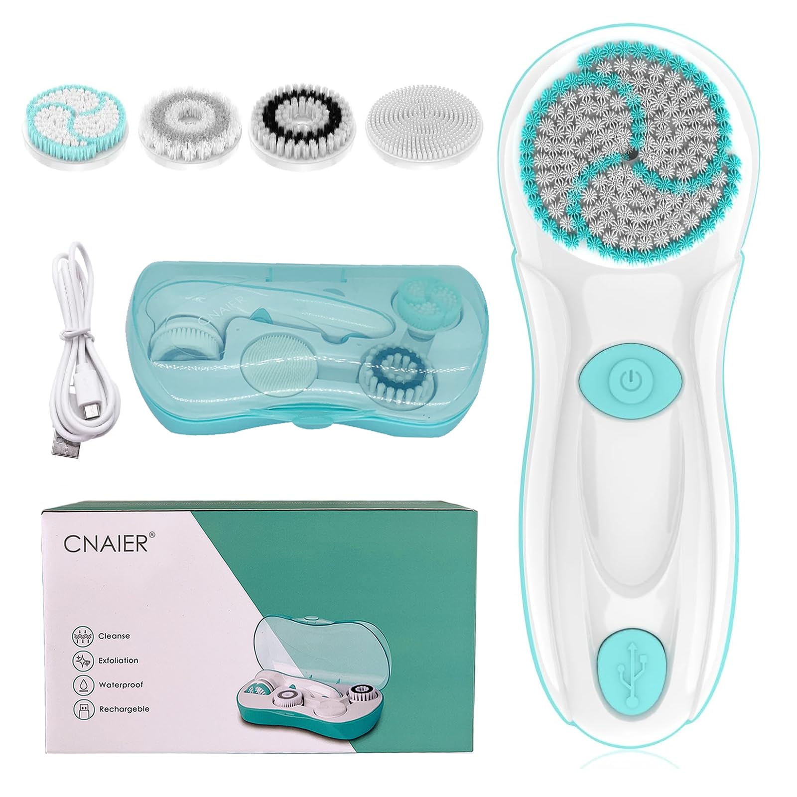 Cepillo de limpieza facial, limpiador facial eléctrico con 4 cabezales de limpieza y 2 velocidades ajustables para una limpieza profunda, cepillo de lavado facial portátil recargable e impermeable