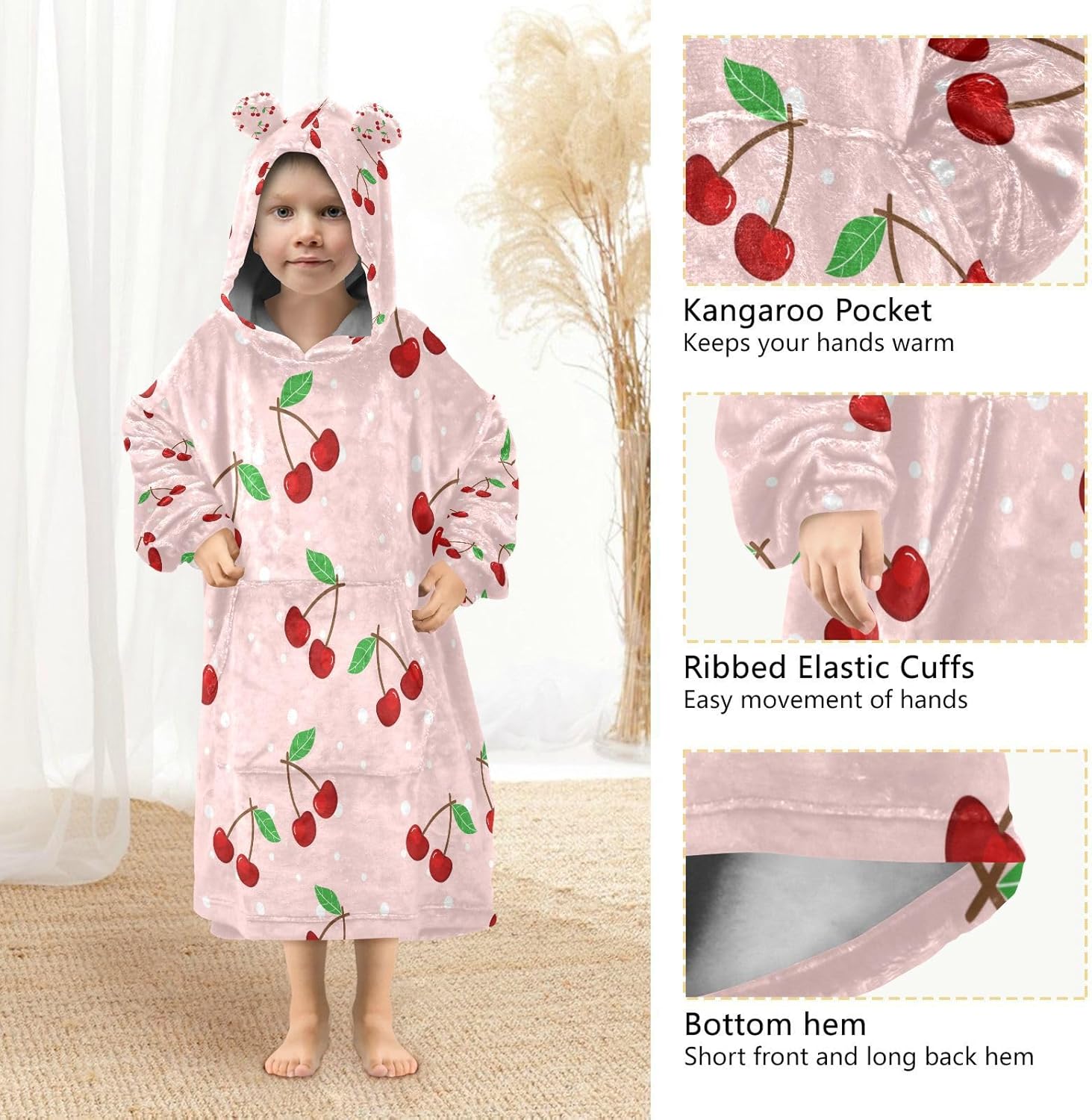 YETTASBIN Cherry Wearable Blanket Hoodie for Kids, Oversized Soft Cozy Flannel Sweatshirt Blanket with Pocket - Image 3