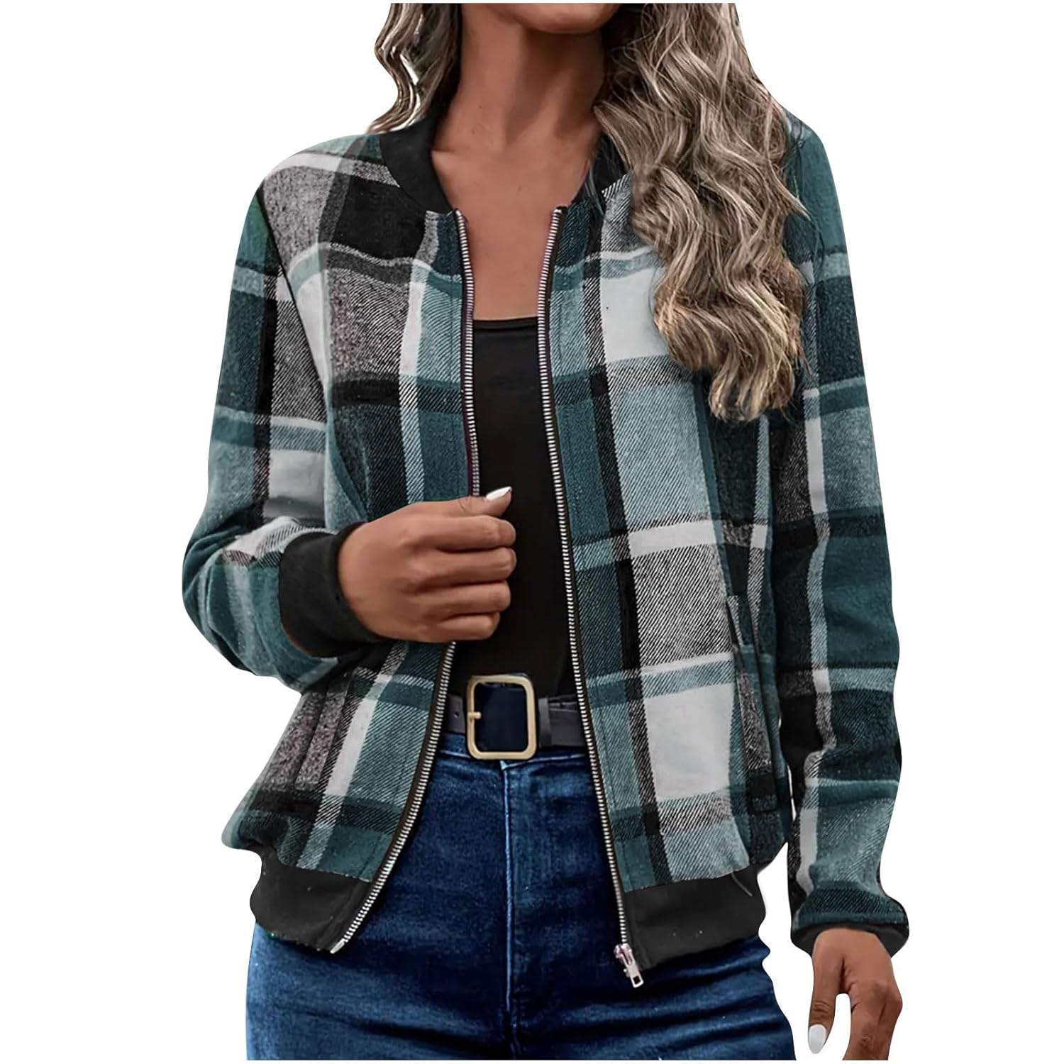 Plaid Cardigan Jackets for Women Long Sleeve Full-Zip Casual Coats Loose Fall Classic Jackets with Pockets