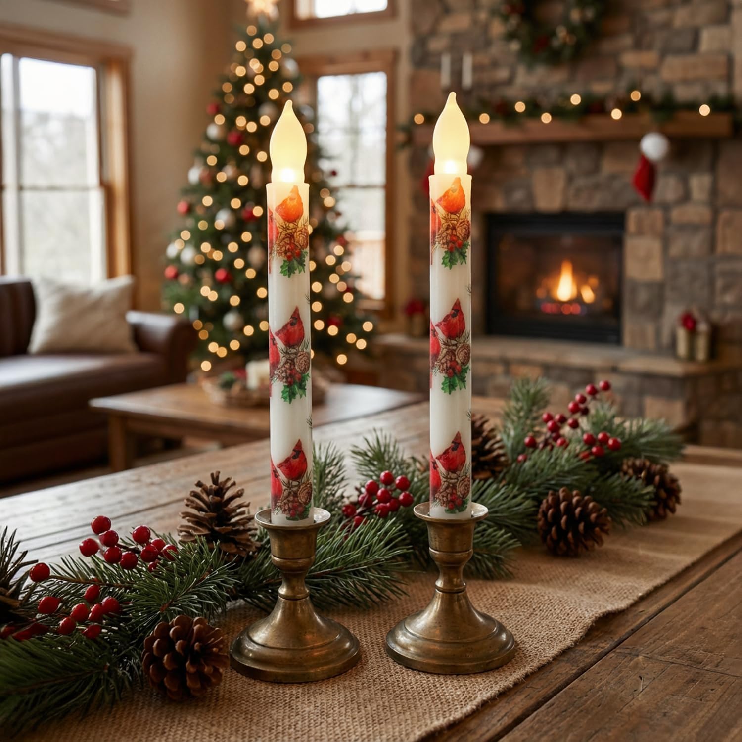2PCS Cardinal Flameless Taper Candles with Red Birds & Pine Branches Battery Operated Warm White Flickering for Christmas Table Home Decor Memorial Gifts