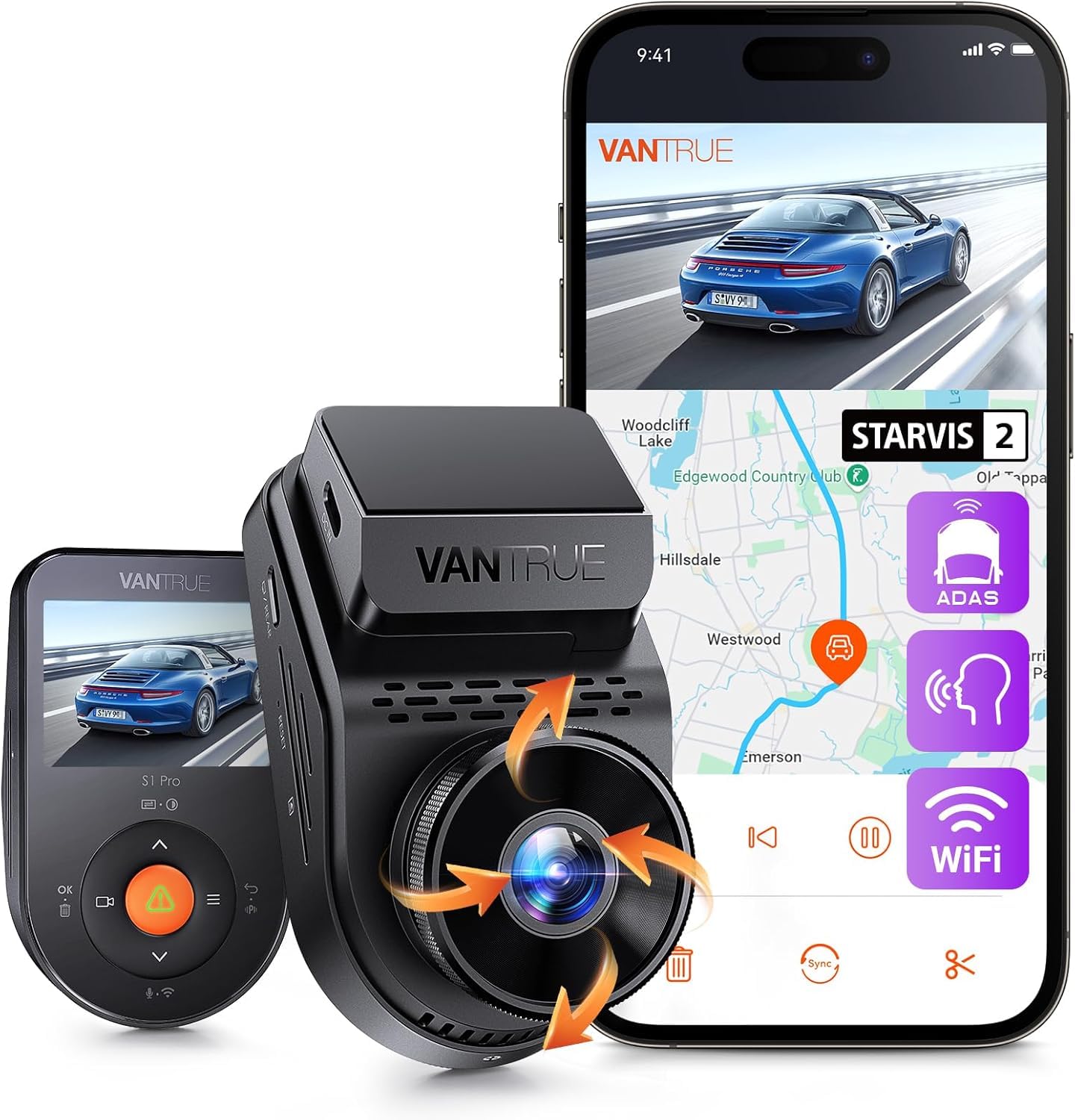 VANTRUE S1 Pro 2.7K 60FPS Dashcam Vorne STARVIS 2 Nachtsicht Versteckte | 5GHz WiFi Dash Cam Auto ADAS, Sprachsteuerung , GPS, 15 Sekunde Voraufnahme,24/7 Puffer Parkmodus, DSGVO-konform, Max 1TB