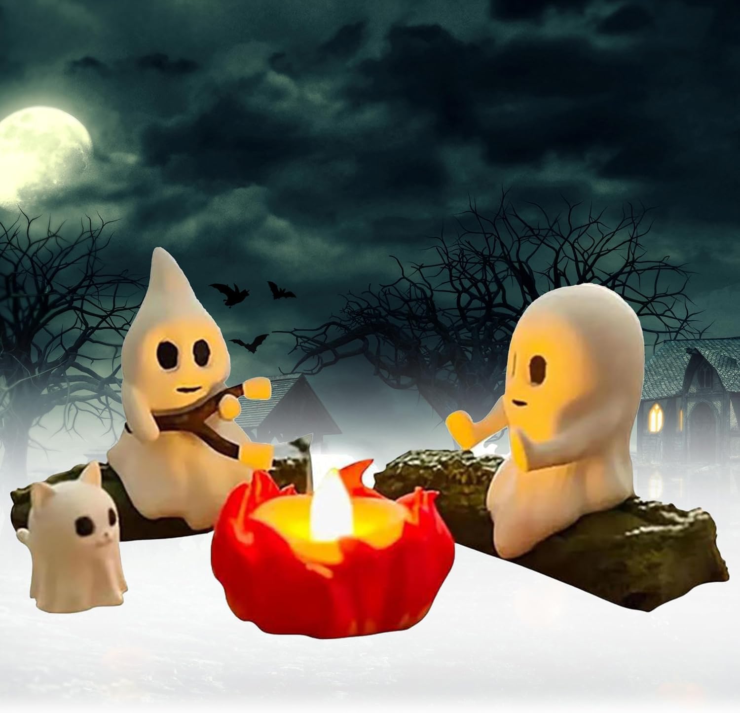 Ghost Campfire Gathering Ghost Campfire Nightlight Halloween Nightlight, 3D Printed Ghosts Campfires Cute Cozy Spooky Statue Halloween Decorations Funny Halloween Decor for Home Mantel Desk (Cat)