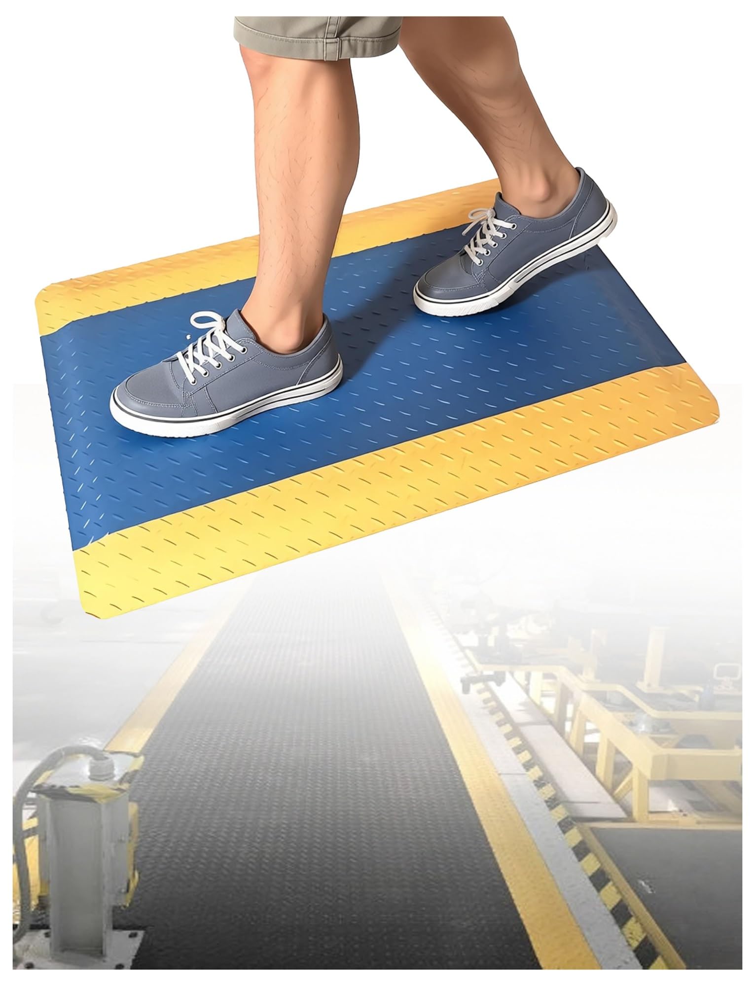 GTHTUHFD Industrial Standing Floor Mat With Yellow Border For Ergonomic Comfort In Workstation & Warehouse - Anti-Fatigue, Durable, Non-Slip Design,Blue-60X130CM
