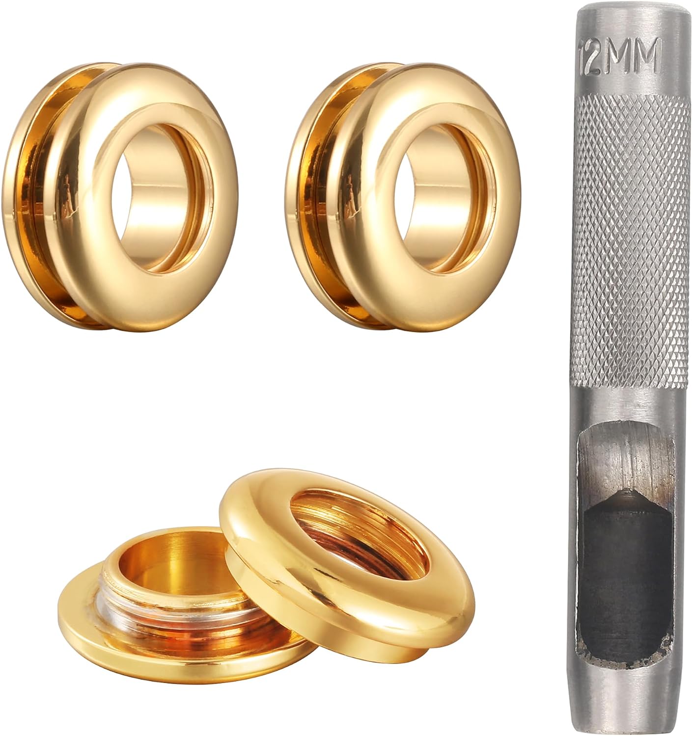 6 Sets Brass Grommets Kit Eyelets and Grommets 8mm Inside Hole Size with 12mm Leather Hole Punch Tool Handbag Purse Hardware Screw Grommets for Repair and Making Leather Crafts (Gold)