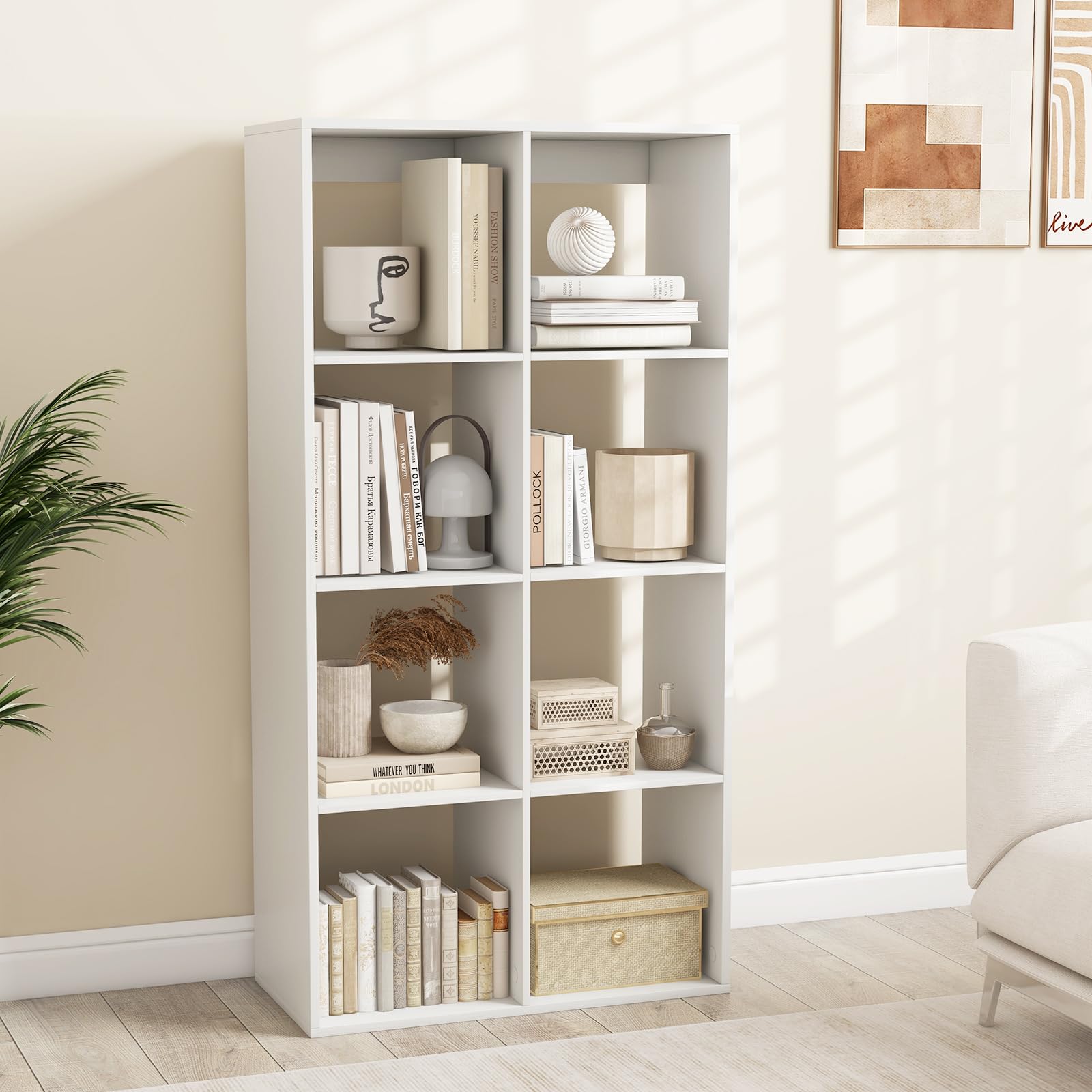 COSTWAY Libreria a 8 Cubi con Sbarra di Protezione e Kit Anti-Ribaltamento | Organizer a 4 Livelli Autonomo con Ripiani per Soggiorno, Camera da Letto, Studio, 69,5 x 33 x 137 cm