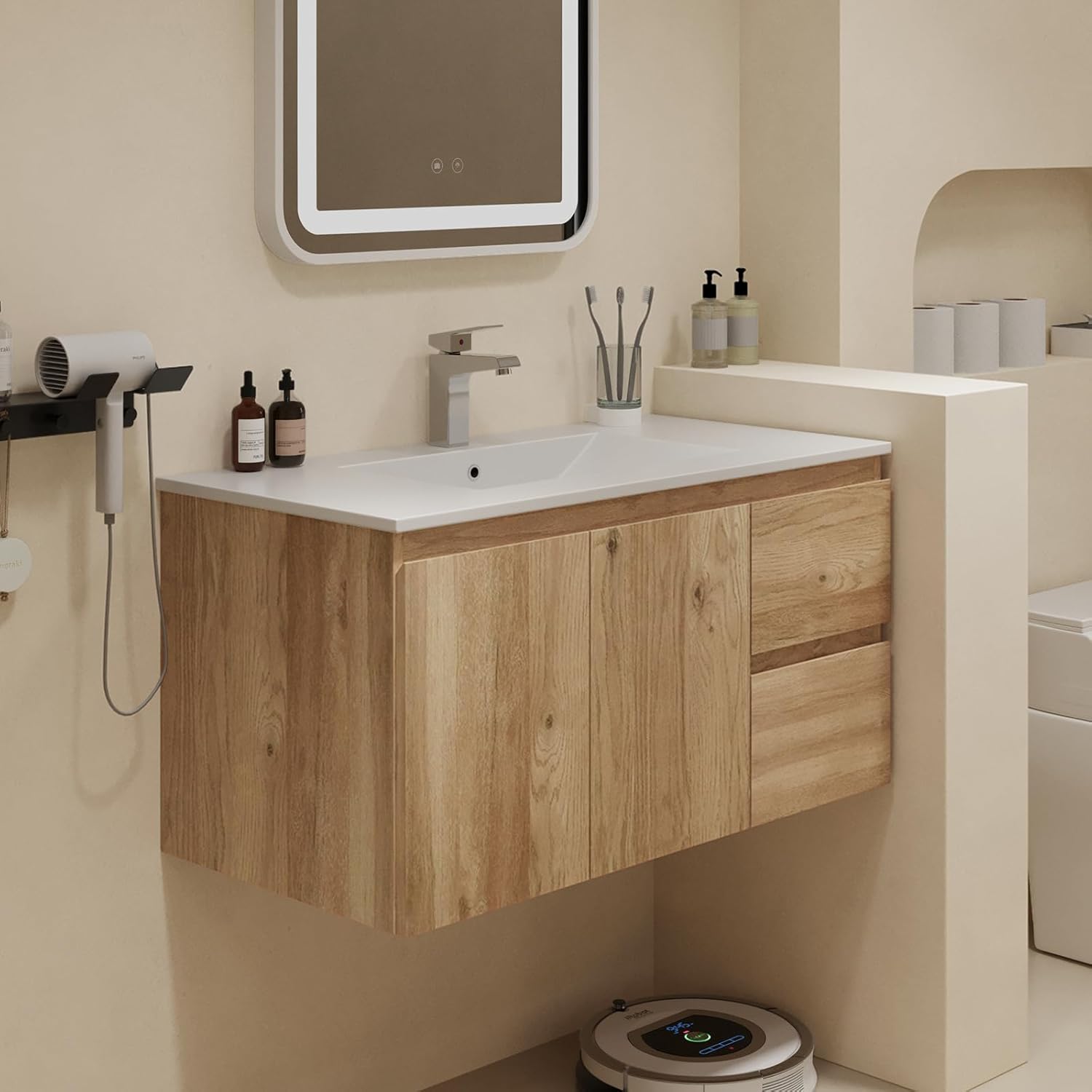 Floating Bathroom Vanity Without Sink Wall Mounted Cabinet with 2 Soft-Close Drawers and Doors, Moisture-Resistant MDF,Large Storage for Small Space (36")