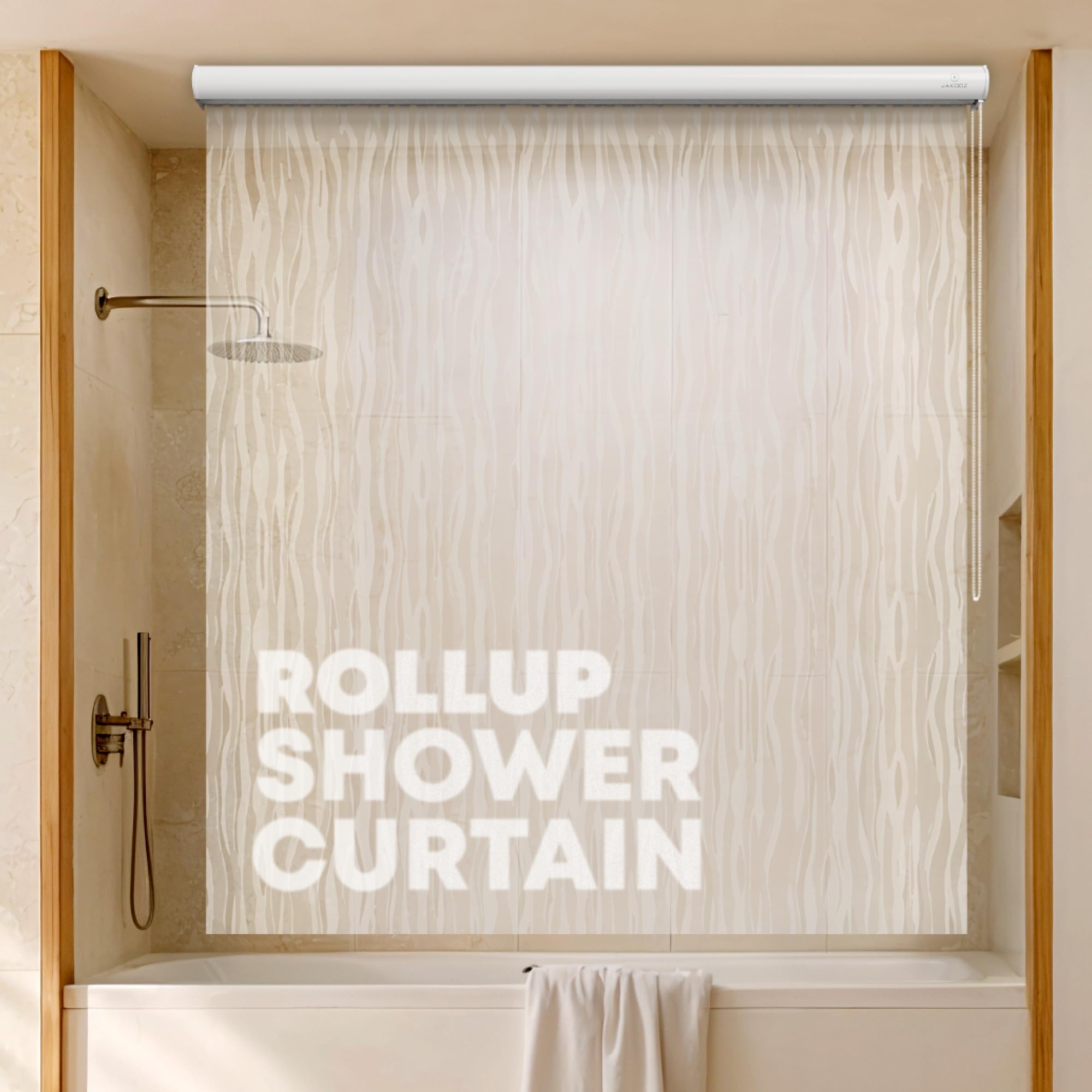 Photo 1 of Jakooz Ceiling Mounted Rollup Bathroom Shower Curtain/Liner 56" Base – Up to 95" Long - Use for 9' Ceilings – Waterproof PEVA – Plastic Shower Curtains for Bathroom – No Rod, Hooks or Rings (Wave)