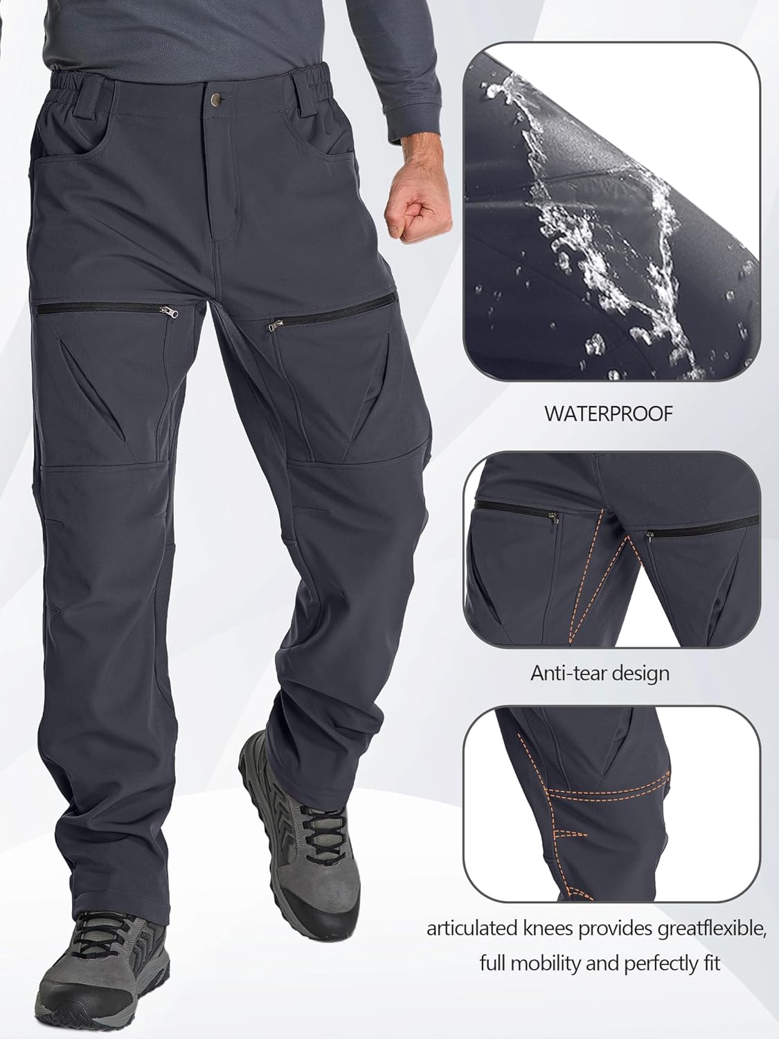 Men's Fleece Lined Waterproof Ski Pants, Insulated Mens Snow Winter Pants for Cold Weather, Outdoor Soft-Shell Pant