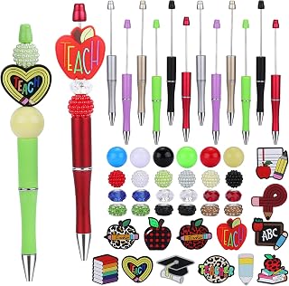 12 Set Beadable Pens Kit Plastic Beaded Pens with Assorted Beads for Pen Making Supplies Students School Office Teacher Gift