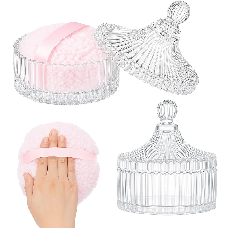 Gsteng Puff grande para pó com recipiente de vidro, conjunto com 2 peças