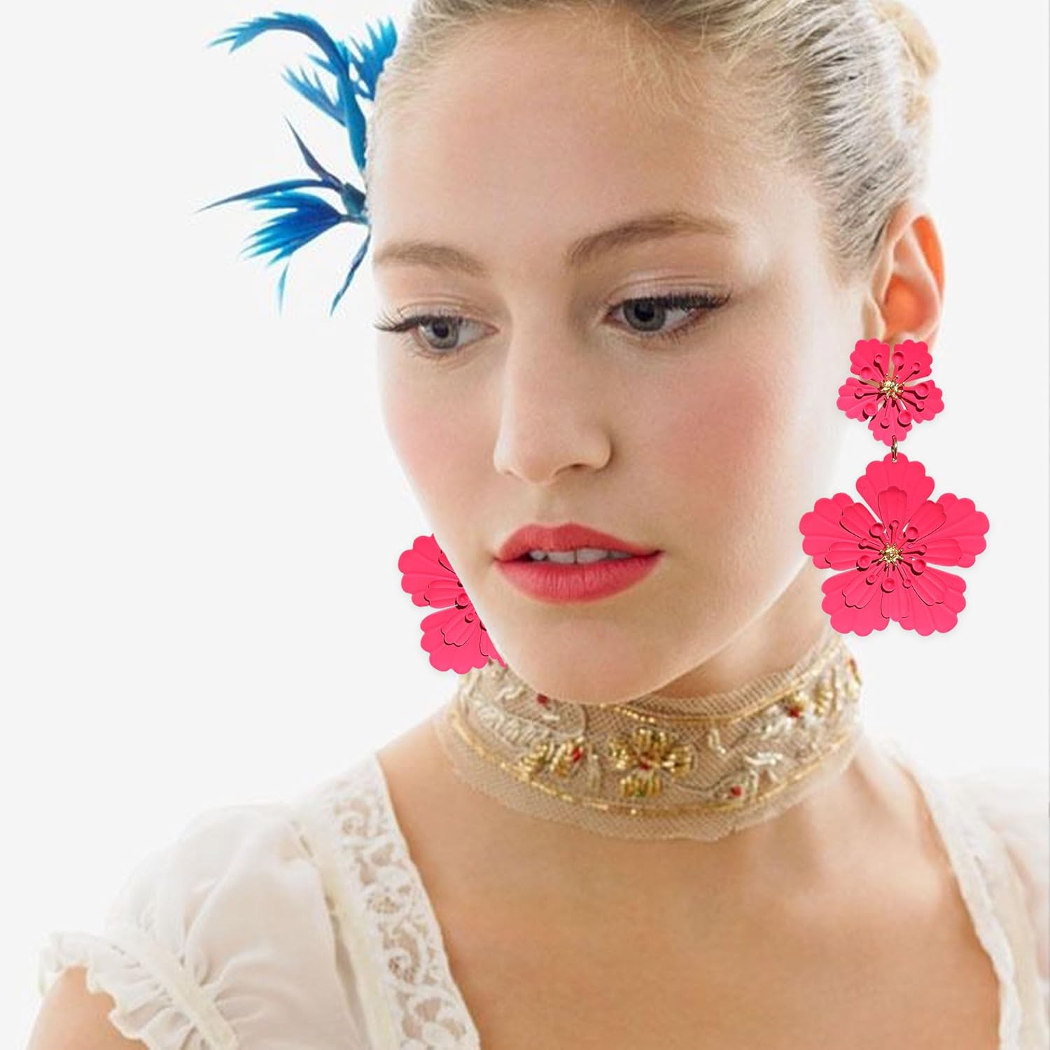 Exaggerate Metal Bohemian Large Metal Double Flower Earring Statement Dangle Drop Wedding Earrings For Women Cute Statement Jewelry Gifts - Image 3