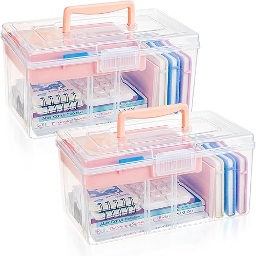 Leinuosen Caja de almacenamiento dividida de plástico transparente de 2 capas con bandeja extraíble, caja de almacenamiento multiusos de papelería