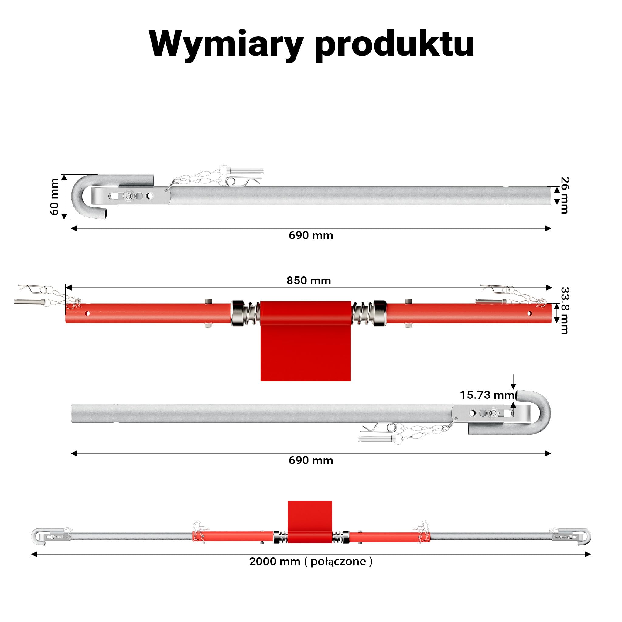 Hak holowniczy Wiltec 3-częściowy 2 m do 3 t, stalowy hak holowniczy z kolorem ostrzegawczym, flagą, amortyzatorem i torbą