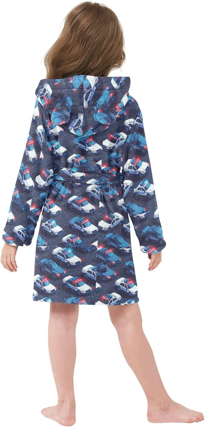 Blue and White Police Cars Pattern Bathrobe Hooded PJ Robe Soft Fleece Robe Pajama Sleepwear 2-12 Years