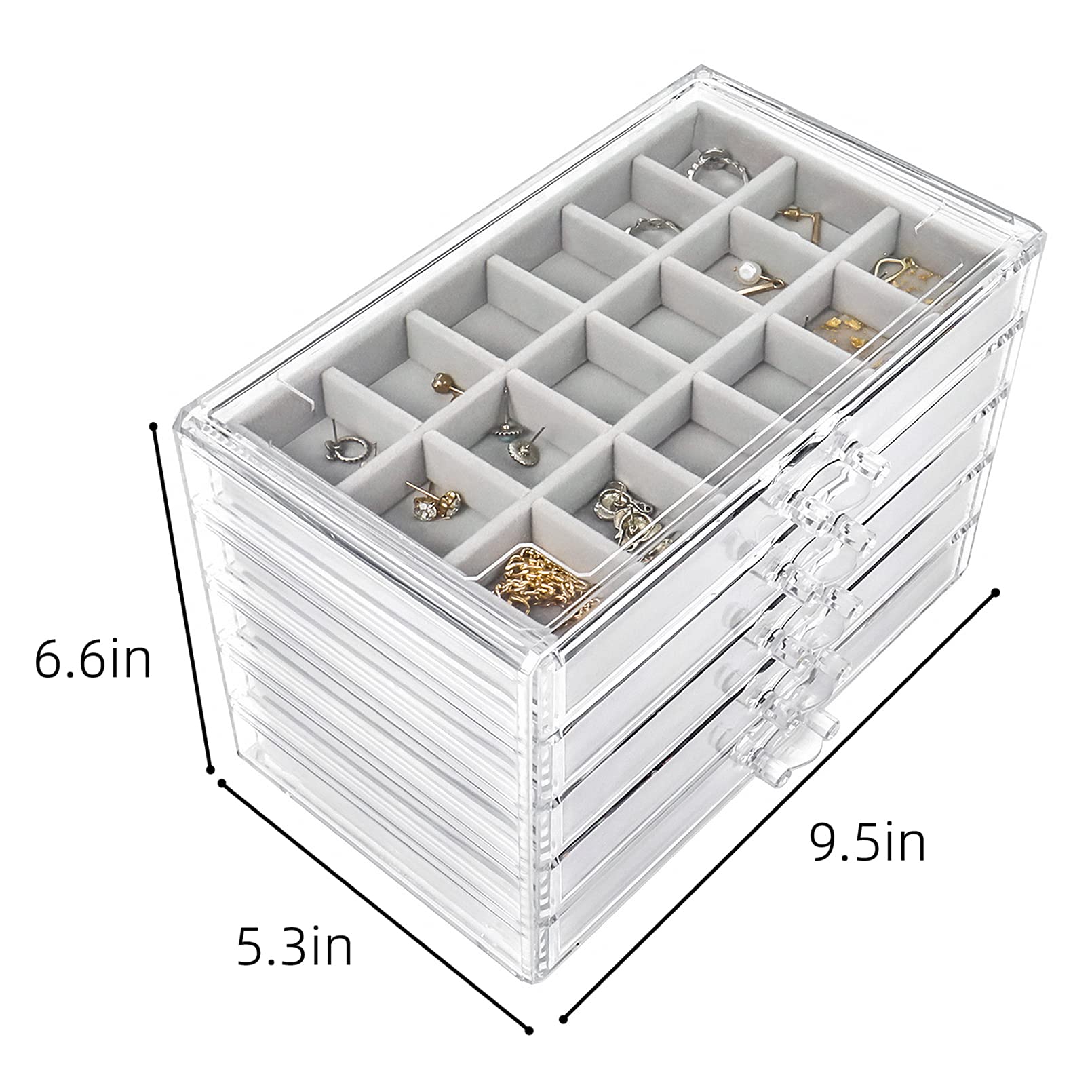 Nwvuop Boîte à bijoux en acrylique à 5 tiroirs - Rangement pour bagues - Organiseur pour boucles d'oreilles - Organiseur de bijoux - Gris