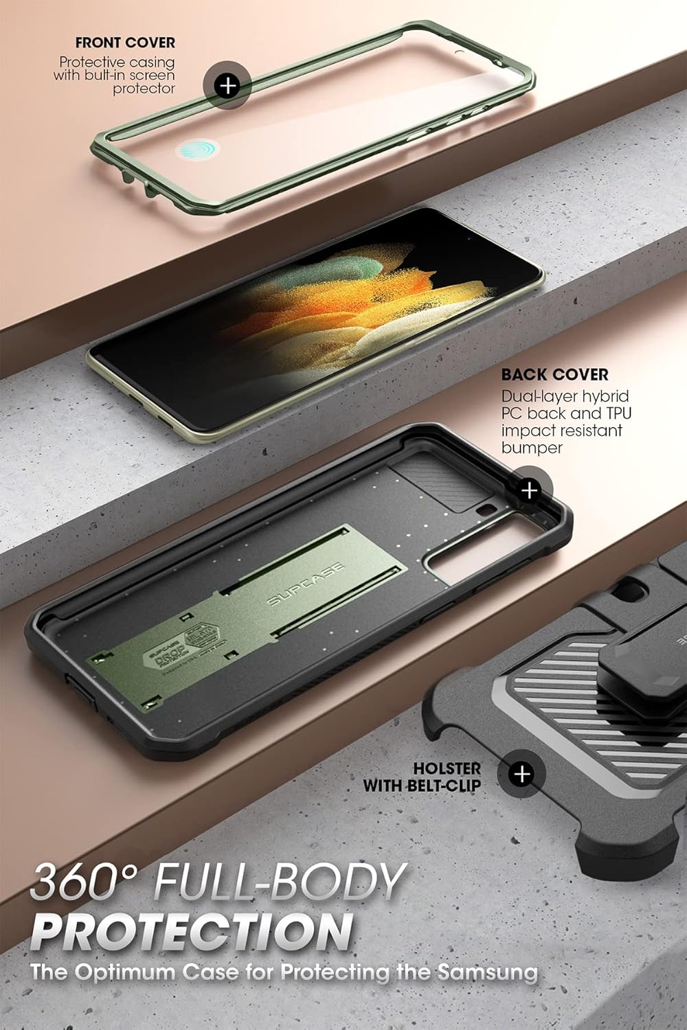 SUPCASE for Samsung Galaxy S21 FE Case with Stand & Belt-Clip (Unicorn Beetle Pro), [Built-in Screen Protector] [Military-Grade Protection] Heavy Duty Rugged Phone Case for Galaxy S21 FE, Guldan