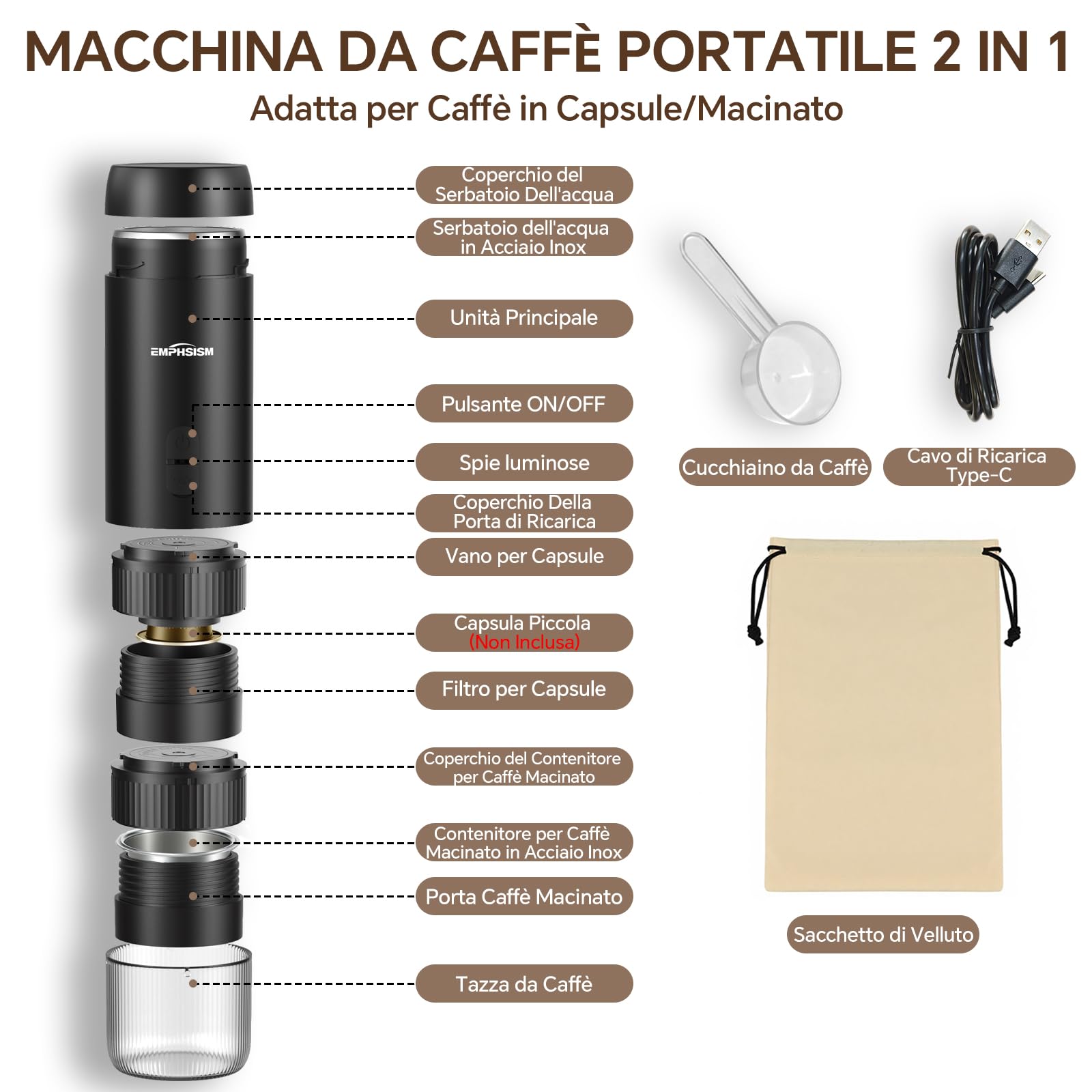 Mini macchina da caffè espresso portatile per capsule e caffè macinato – Mini macchina da caffè con batteria per viaggio, campeggio, ufficio, camper, macchina da espresso 20 bar da portare con sé con