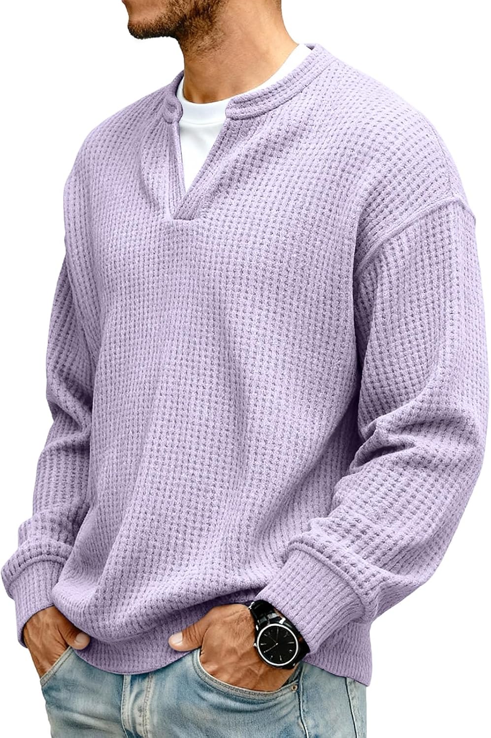 Men's Long Sleeve Solid Henley Shirts, Casual Waffle Knit T-Shirt Lightweight Thermal Undershirts Pullover Tops, S-4XL