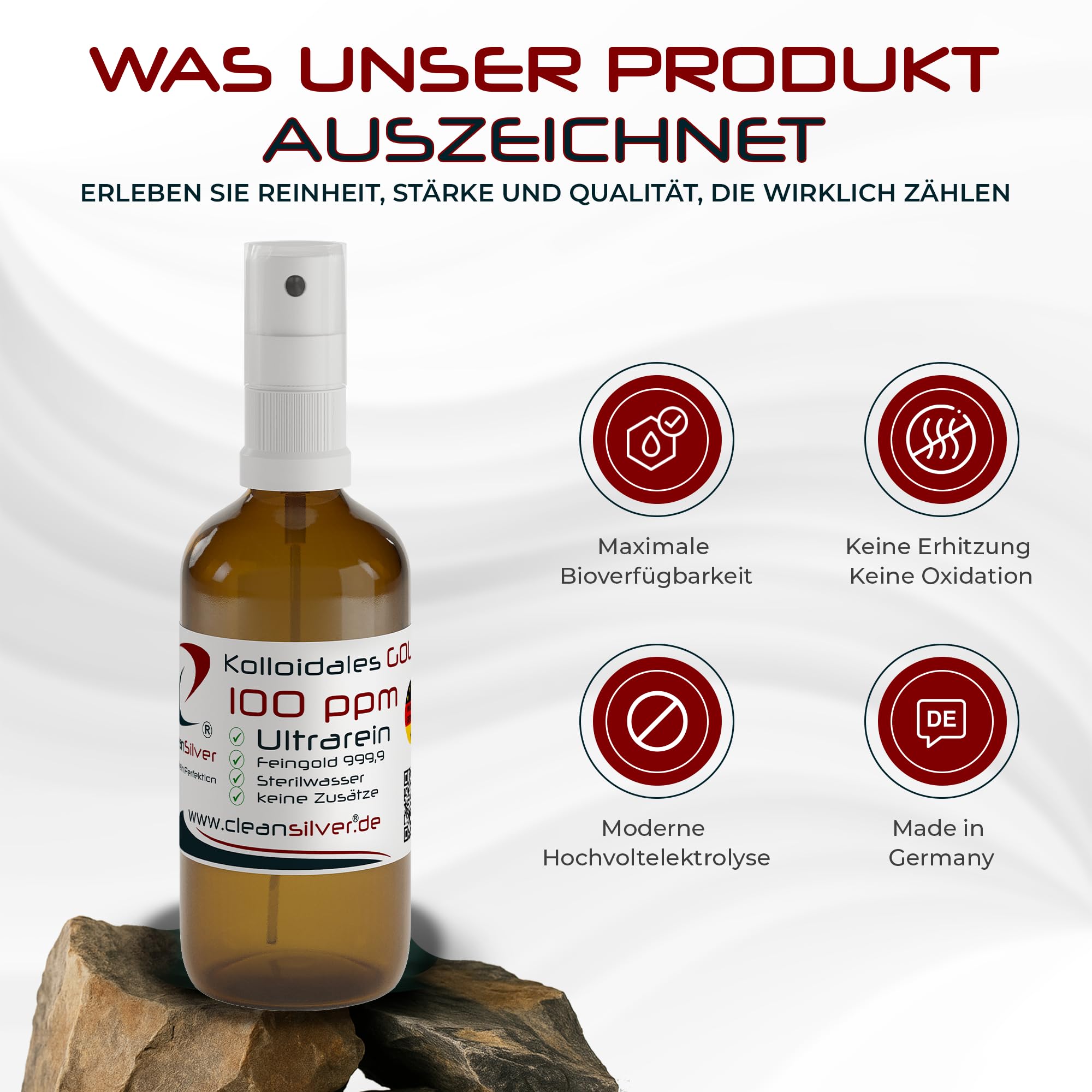 CleanSilver Kolloidales Gold 100 ppm 100ml Spray, Ultrarein: Sterilwasser und Feingold 99,99% - Made in Germany- Stets frische Herstellung - keine Lagerware!