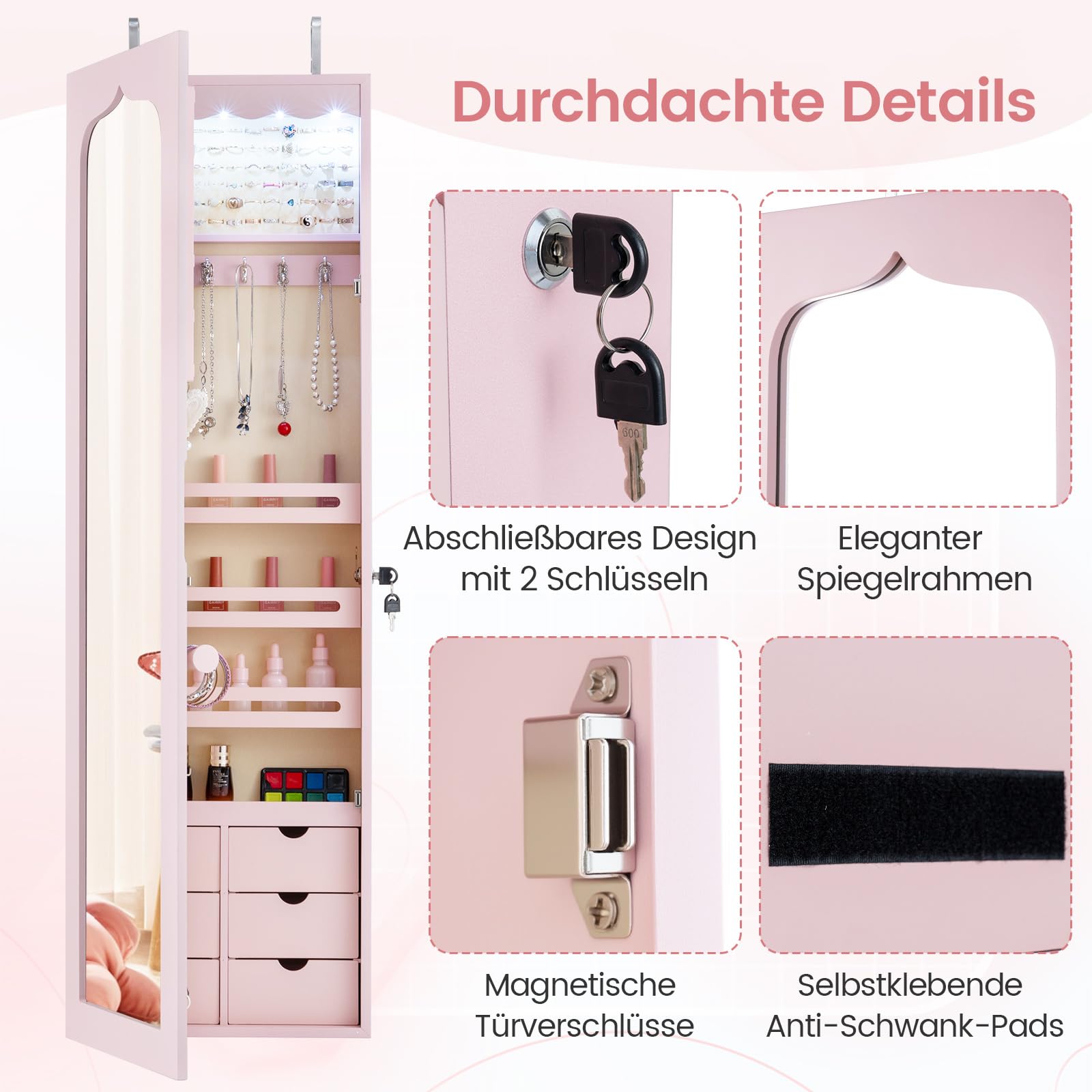 RELAX4LIFE Schmuckschrank mit automatischen LEDs, Schmuckregal mit 6 Schubladen & 3 Lagerregalen & Spiegel, Schmuckorganizer für Ohrringe Armband Kette Ringe Kosmetik, Tür- & Wandmontage (Rosa)