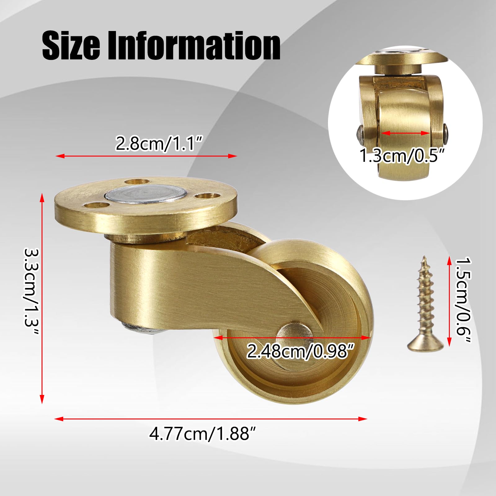 IGNPION Set di 4 ruote universali girevoli a 360°, in ottone massiccio, per mobili, senza stelo, 24 mm