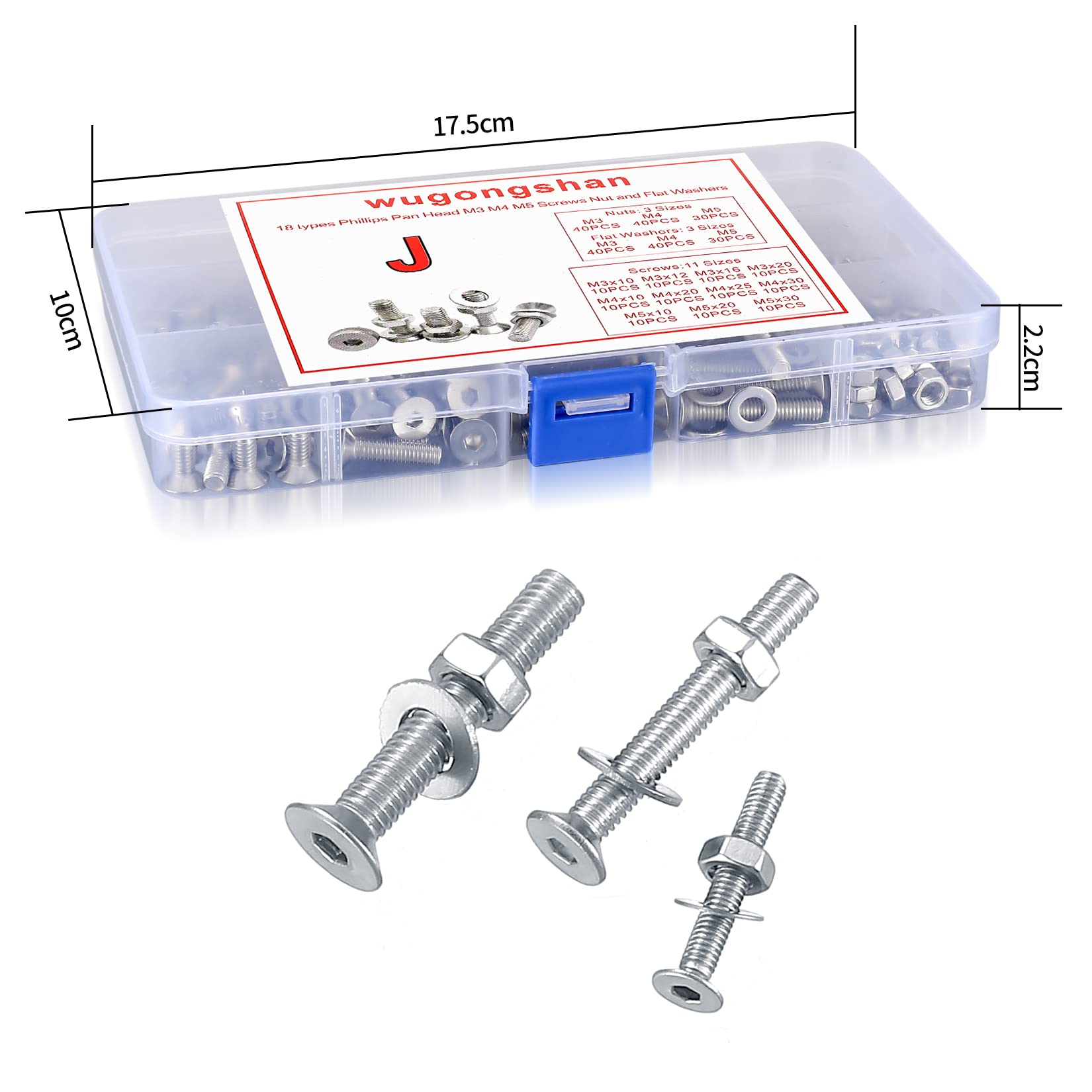 wugongshan 330 Set assortito di viti a testa piatta esagonale incassata e dadi e rondelle, M3 M4 M5 Viti in acciaio inossidabile e viti maschio Testa svasata Dadi e rondelle