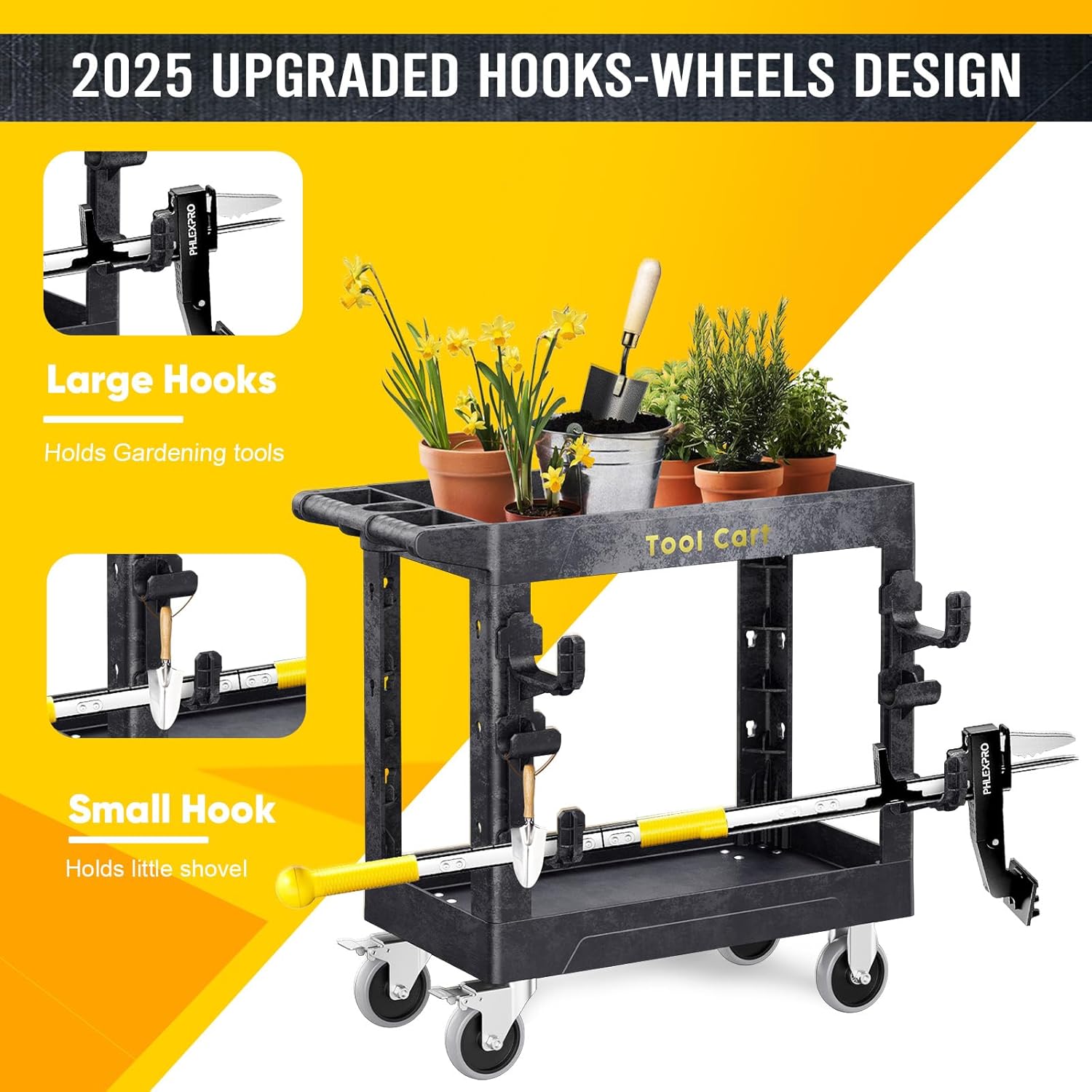 Heavy Duty Garden Tool Carts,600LBS Capacity 2 Tier Yard Tool Storage Rack with Side Hooks Garage Tool Cart with 360°Swivel Wheels Outdoor Garden Tool for Shed, Yard, Garage,Black