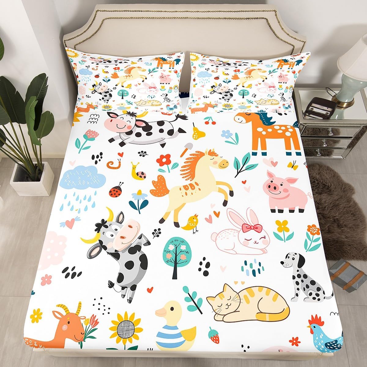 Erosebridal Kawaii Bedding Set Farm Animal Fitted Sheet for Kids Toddler,Cartoon Horse Pig Rabbit Dog Cat Duck Sheep Cute Sheet Set Rainbow Boho Floral Bed Cover Queen,Cock Snail Kawaii Room Decor