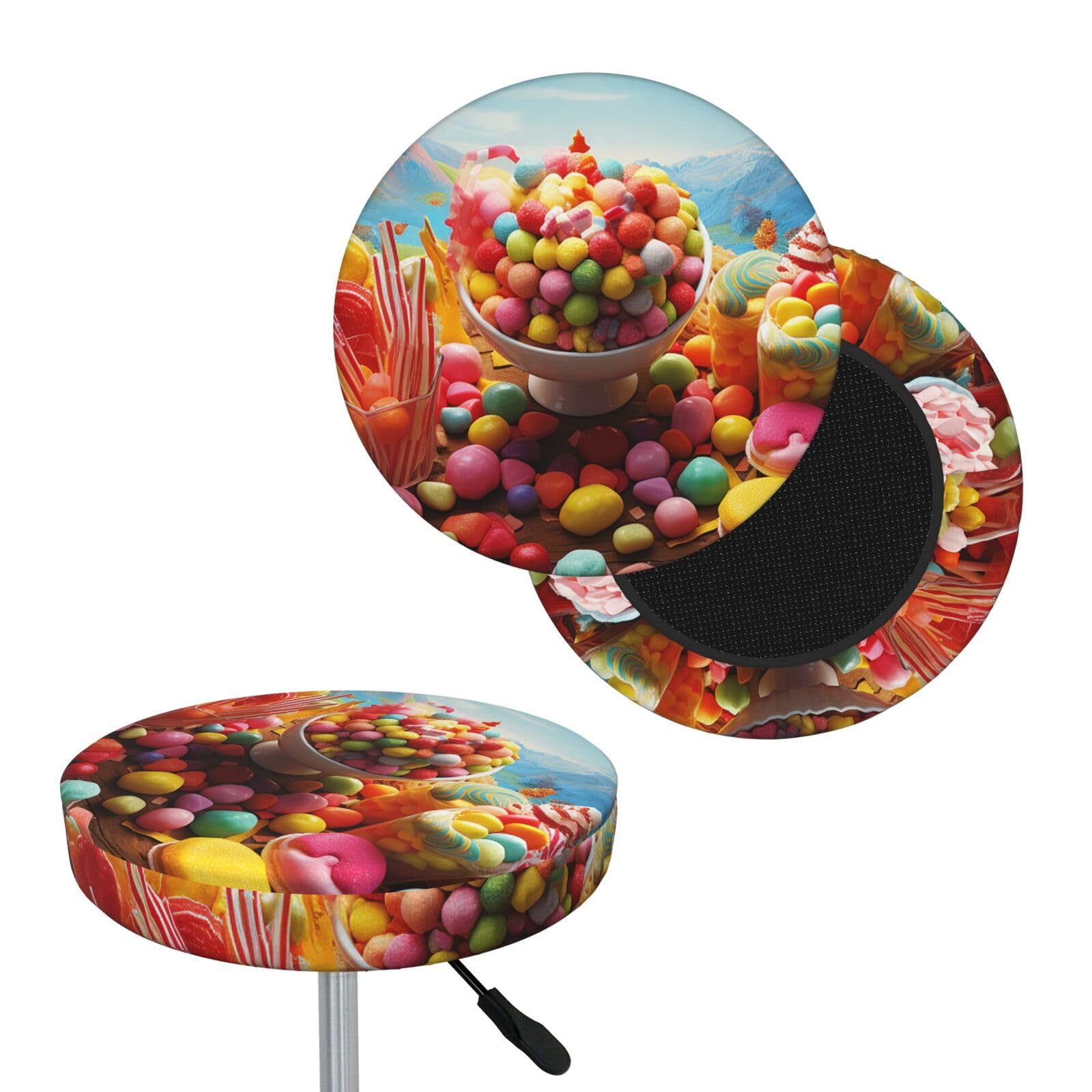 FodPand Candy Poster Bar Stool Cover Round Elastic Stool Cushion Covers Washable Bar Stool Chair Slipcover Stretch Stool Seat Covers for 12-14 Inch Chair