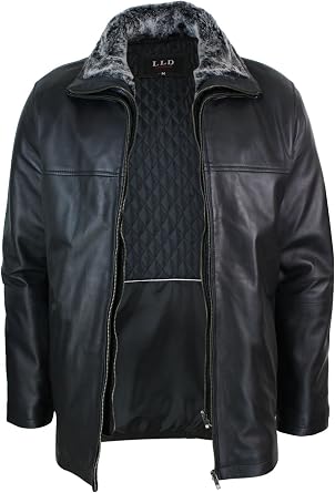 TruClothing Mens Classic Double Zip Fur Lined Genuine Soft Leather Coat Jacket Regular Fit