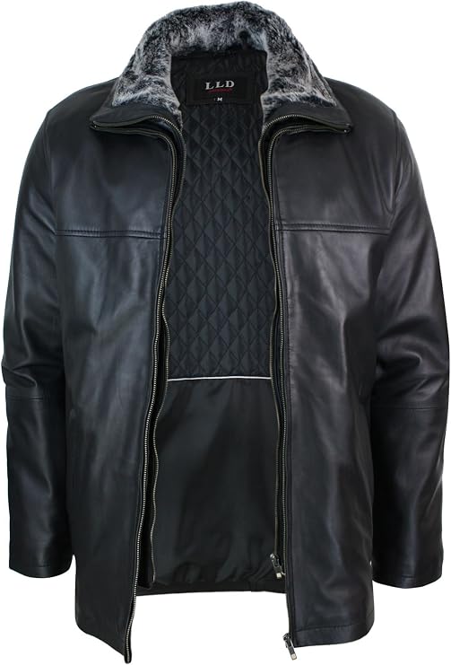 TruClothing Mens Classic Double Zip Fur Lined Genuine Soft Leather Coat Jacket Regular Fit