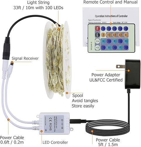 Miniatura 9 de RUICHEN Guirnalda de luces parpadeantes enchufables, regulables de 33 pies, 100 luces LED con control remoto, luces de luciérnaga de alambre