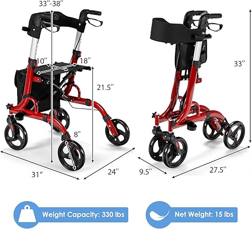 Miniatura 6 de GYMAX Andador de aluminio 2 en 1 con asiento, ayuda para caminar con ruedas de 8 pulgadas, asas ajustables en altura, sistema de freno doble,