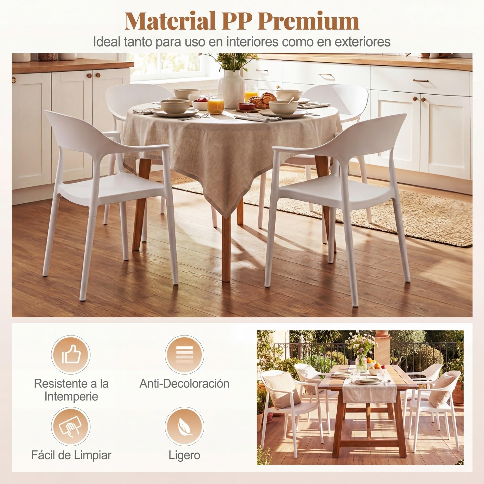 COSTWAY Silla de Cocina Pack 4 de Plástico Reciclado, Sillas de Comedor Apilables con Respaldo Curvado, Apoyabrazos y Asiento Amplio, Sillas Terraza para Exterior e Interior, Salón, Jardín (Blanco,4)