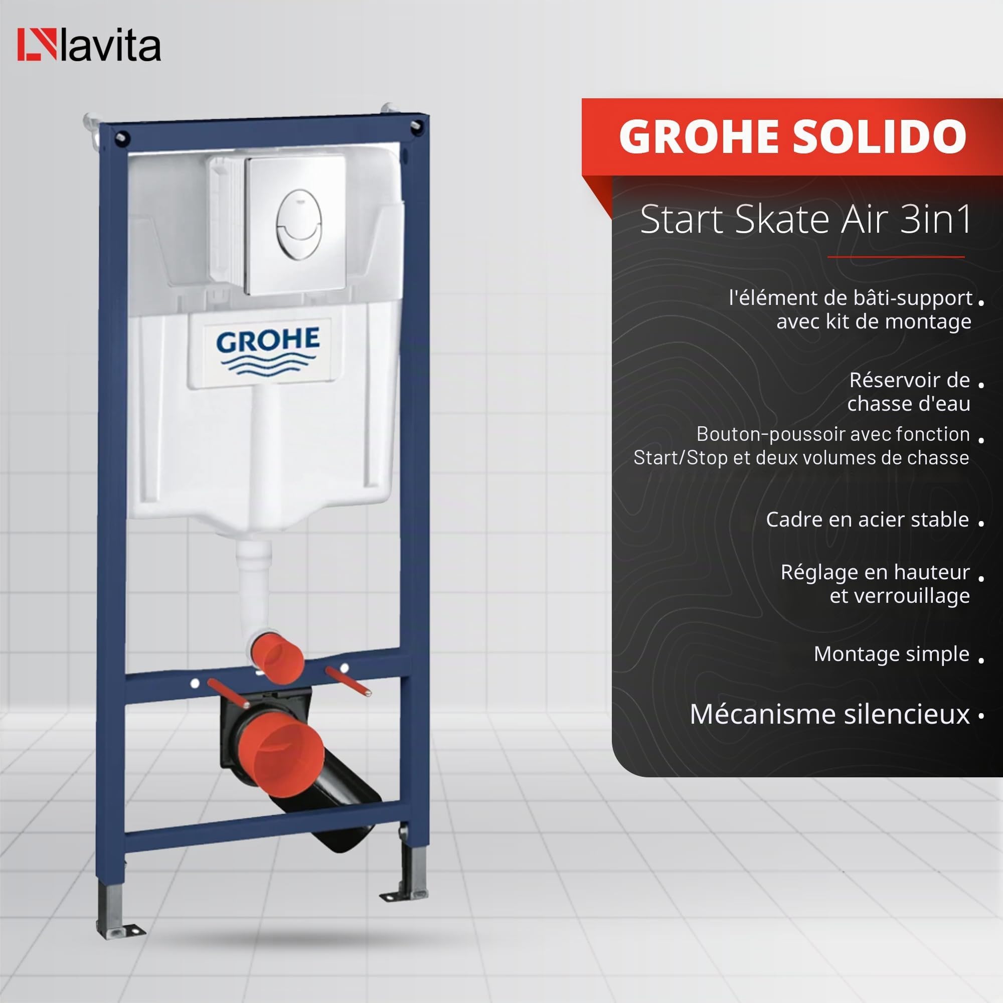 Lavita,Élément mural Solido Start + WC suspendu mural Praia blanc sans bord + abattant WC SoftClose,Bouton chromé,Kit complet,Réservoir de chasse encastré,Kit complet,WC complet,