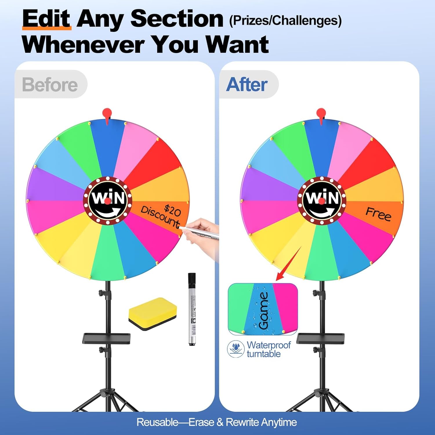 EMART 24-inch Spinning Prize Wheel, Storable Spin Doodle Game Spinner, Adjustable 34"-60" Height, Fortune Prize Wheel with Stand & Bag & Swivel Casters, 14 Colors for Party, Trade Show, Family