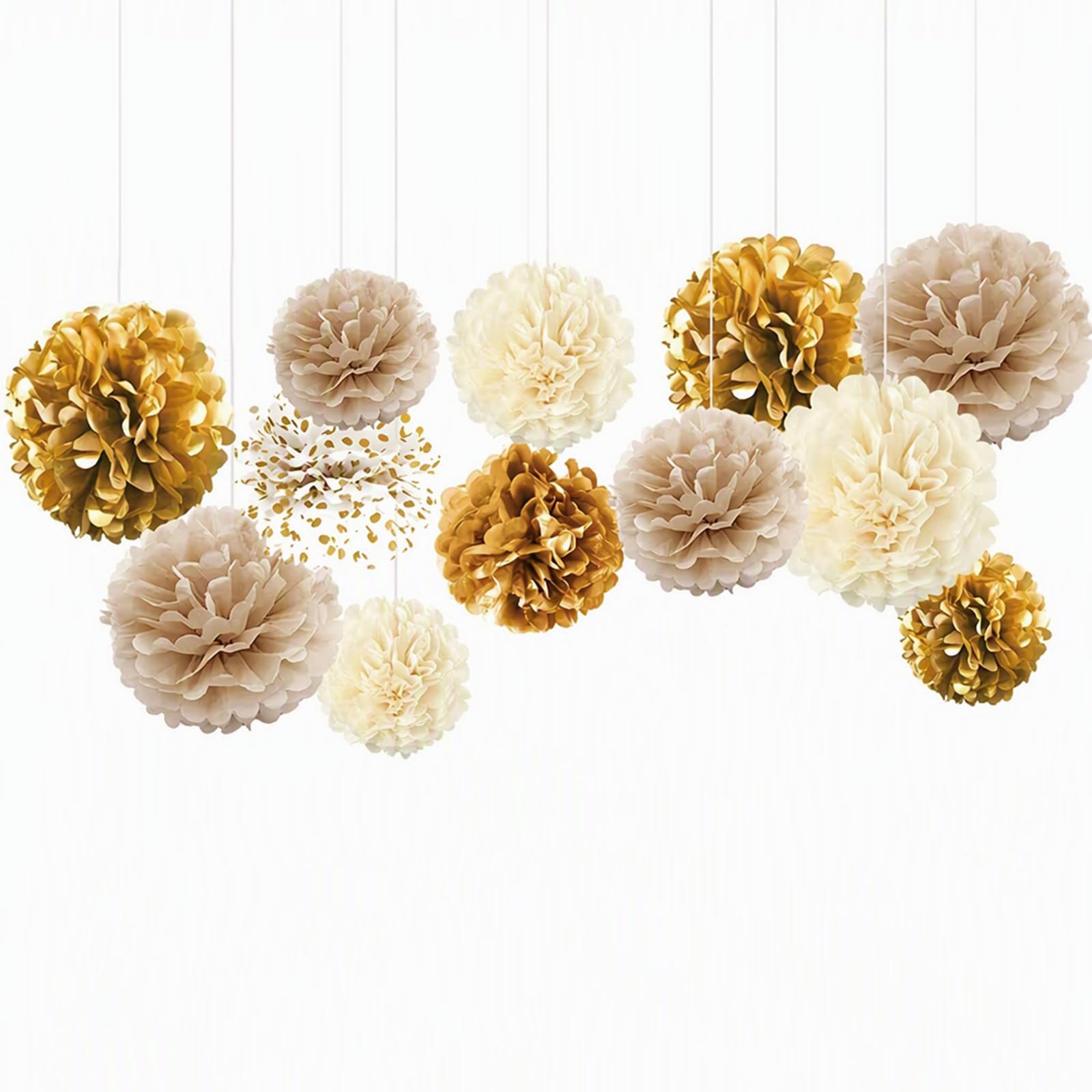 Elovara 12 Pcs Gold and White Tissue Paper Pom Poms, Hanging Paper Flowers